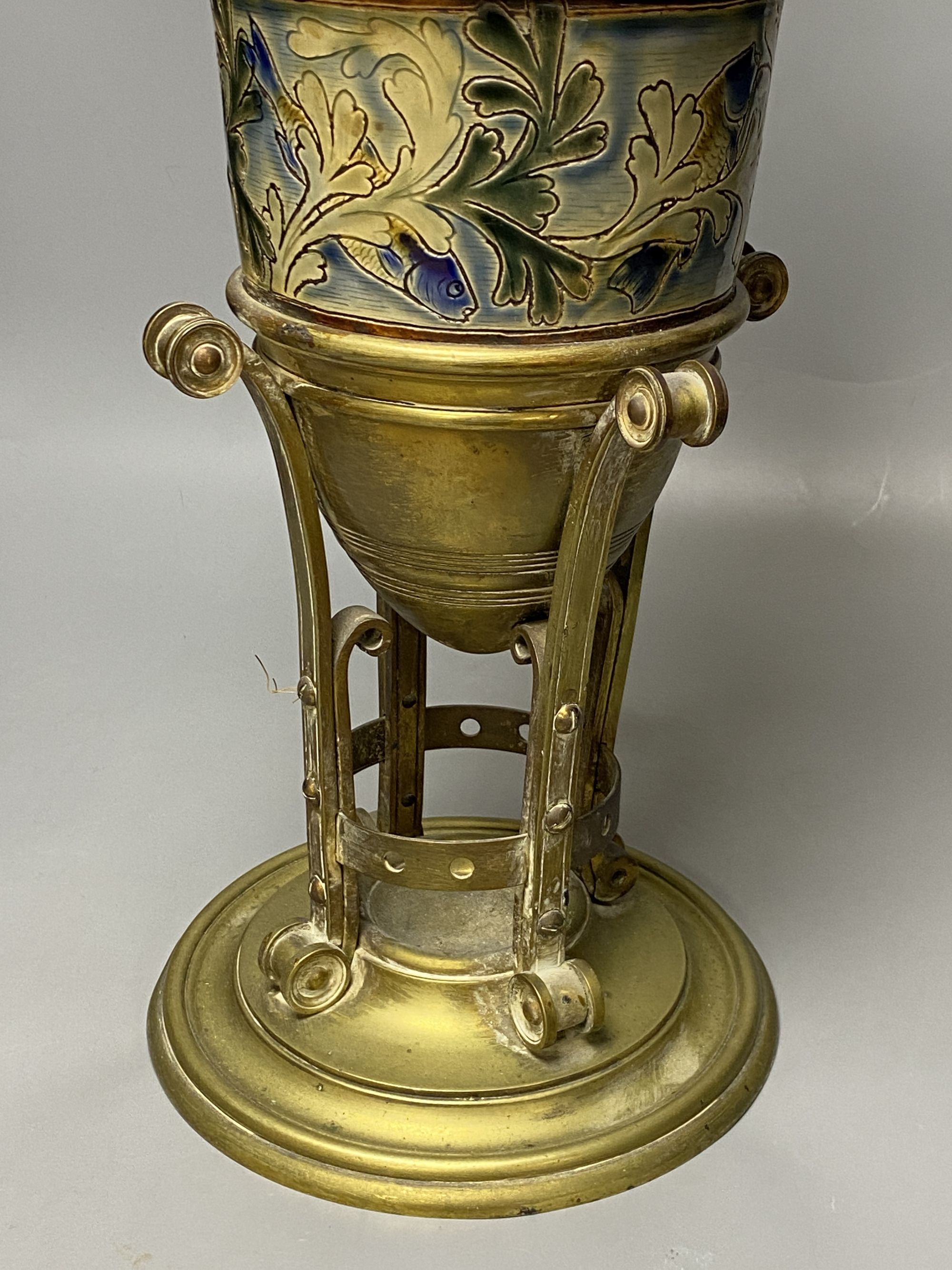 A Doultonesque oil lamp, overall height 67cm